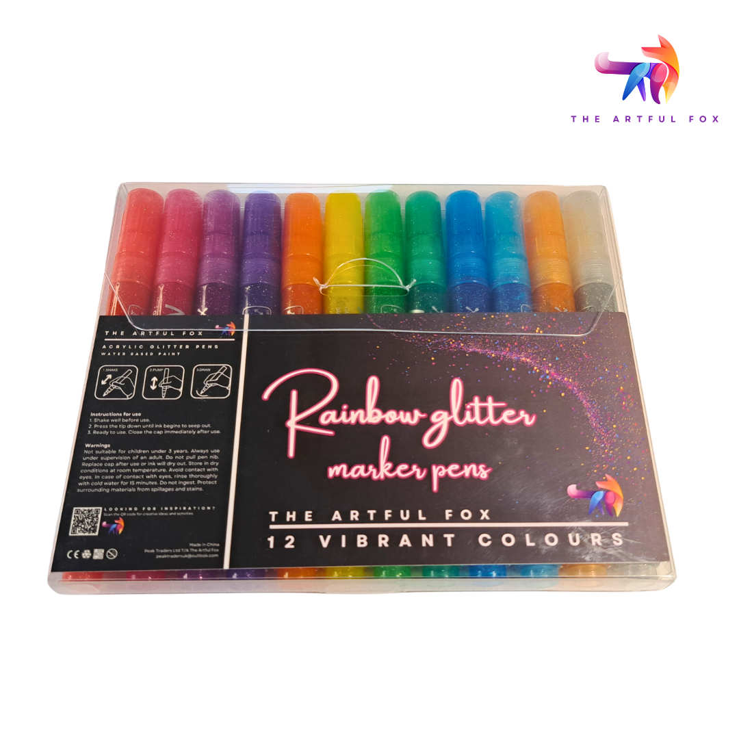 12 Rainbow Glitter Markers - Bright Acrylic Paint Pens for Crafting, Art and DIY Projects - Water-Based, Multi-Surface. By The Artful Fox