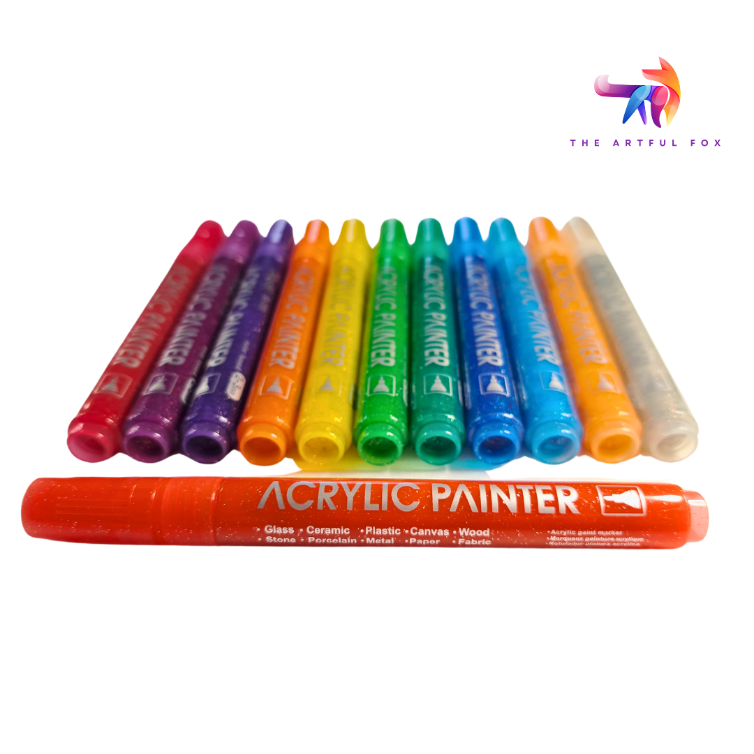 12 Rainbow Glitter Markers - Bright Acrylic Paint Pens for Crafting, Art and DIY Projects - Water-Based, Multi-Surface. By The Artful Fox