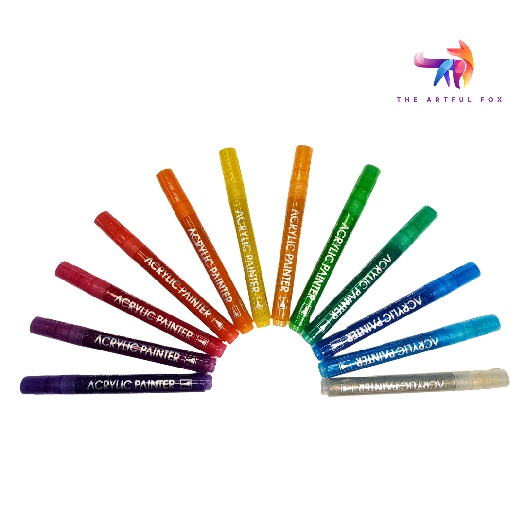 12 Rainbow Glitter Markers - Bright Acrylic Paint Pens for Crafting, Art and DIY Projects - Water-Based, Multi-Surface. By The Artful Fox