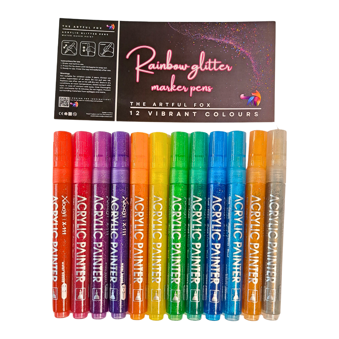 12 Rainbow Glitter Markers - Bright Acrylic Paint Pens for Crafting, Art and DIY Projects - Water-Based, Multi-Surface. By The Artful Fox