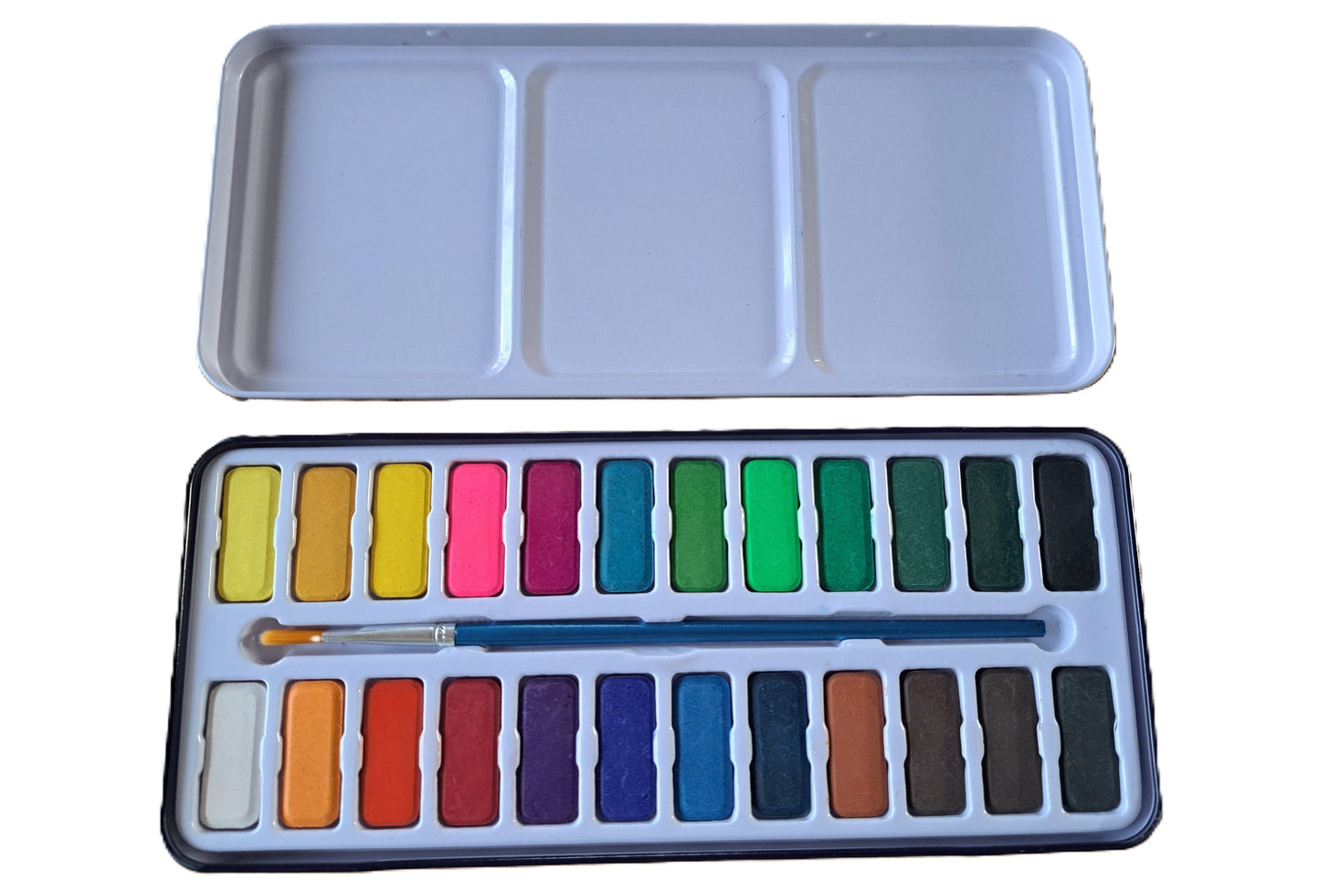 Children's and beginner's watercolour paint set by The Artful Fox. With 24 vibrant colours, in attractive tin with palette lid. Includes paintbrush! The perfect educational gift for the hobby artist in your life