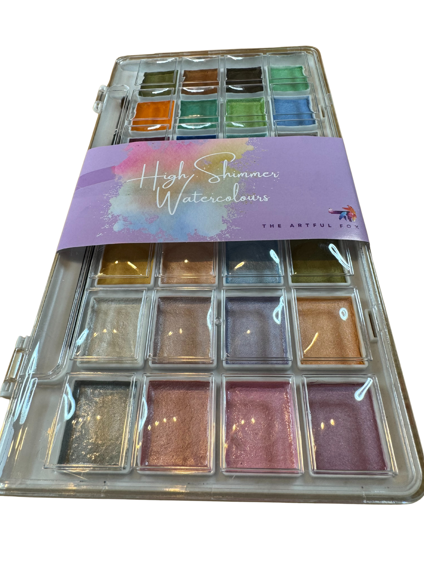 High Shimmer Watercolours by The Artful Fox. 28 pearlescent pastel paints for hobbyists and children, perfect for adding some sparkle to your artwork. Paintbrush included. Storage case with palette lid for mixing your perfect shimmering shade