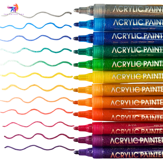 12 Rainbow Glitter Markers - Bright Acrylic Paint Pens for Crafting, Art and DIY Projects - Water-Based, Multi-Surface. By The Artful Fox