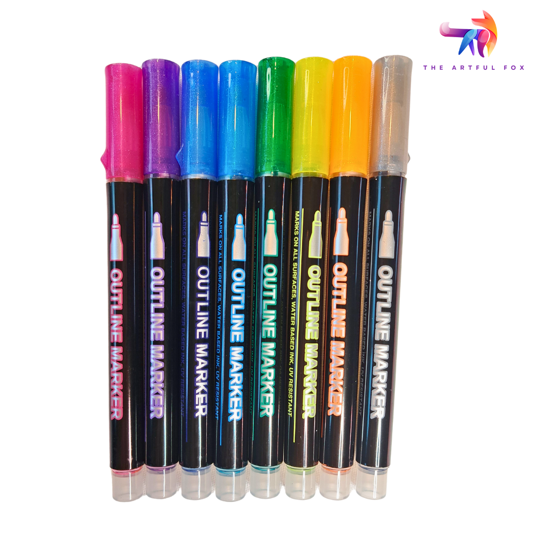8 Metallic Outline Markers by The Artful Fox - Self-Outlining Pens with Silver Ink & Rainbow Accents - Water-Based for Arts, Crafts & Scrapbooking