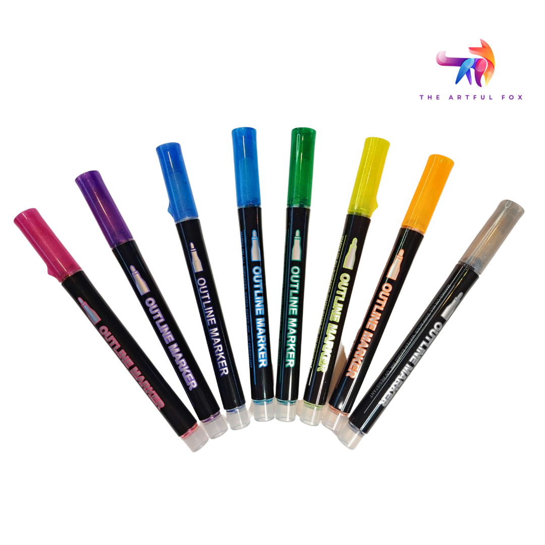 8 Metallic Outline Markers by The Artful Fox - Self-Outlining Pens with Silver Ink & Rainbow Accents - Water-Based for Arts, Crafts & Scrapbooking