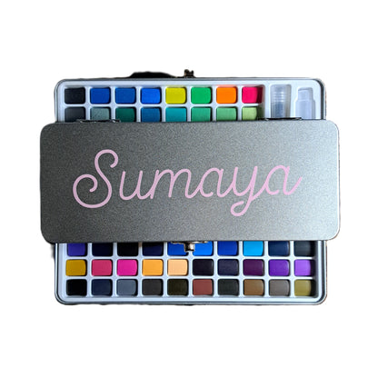 Personalised watercolour paint set with 90 vibrant colours, in attractive tin. Includes refillable watercolour paintbrush! Perfect crafting gift for art lovers and creative kids by The Artful Fox