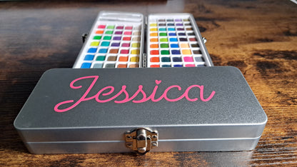 Personalised watercolour paint set with 90 vibrant colours, in attractive tin. Includes refillable watercolour paintbrush! Perfect crafting gift for art lovers and creative kids by The Artful Fox