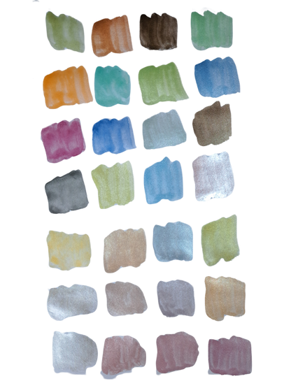 High Shimmer Watercolours by The Artful Fox. 28 pearlescent pastel paints for hobbyists and children, perfect for adding some sparkle to your artwork. Paintbrush included. Storage case with palette lid for mixing your perfect shimmering shade