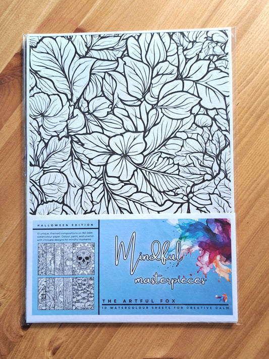 Halloween Mindful Masterpieces: 10 Watercolour Sheets for Calm & Creativity | Halloween-Themed Colouring for Adults & Kids on 180 GSM Paper