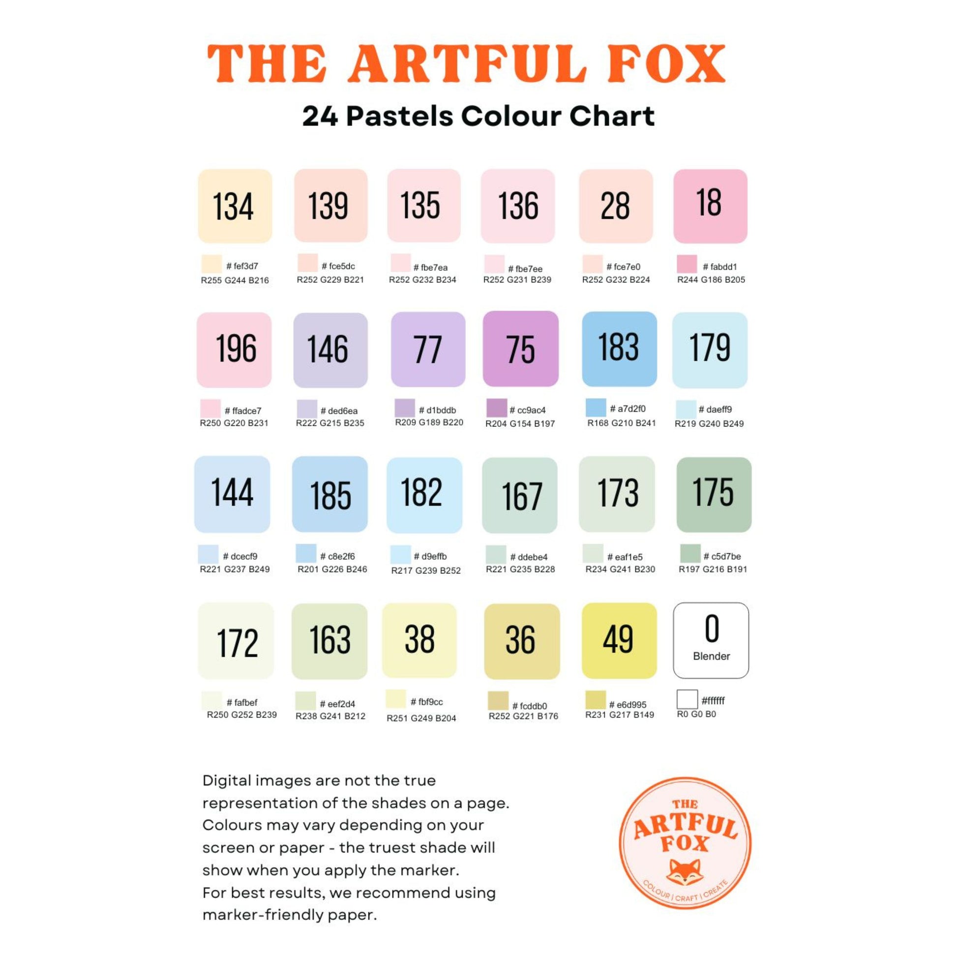 24 pastel alcohol marker colour chart with colour names and codes