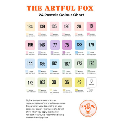 24 pastel alcohol marker colour chart with colour names and codes