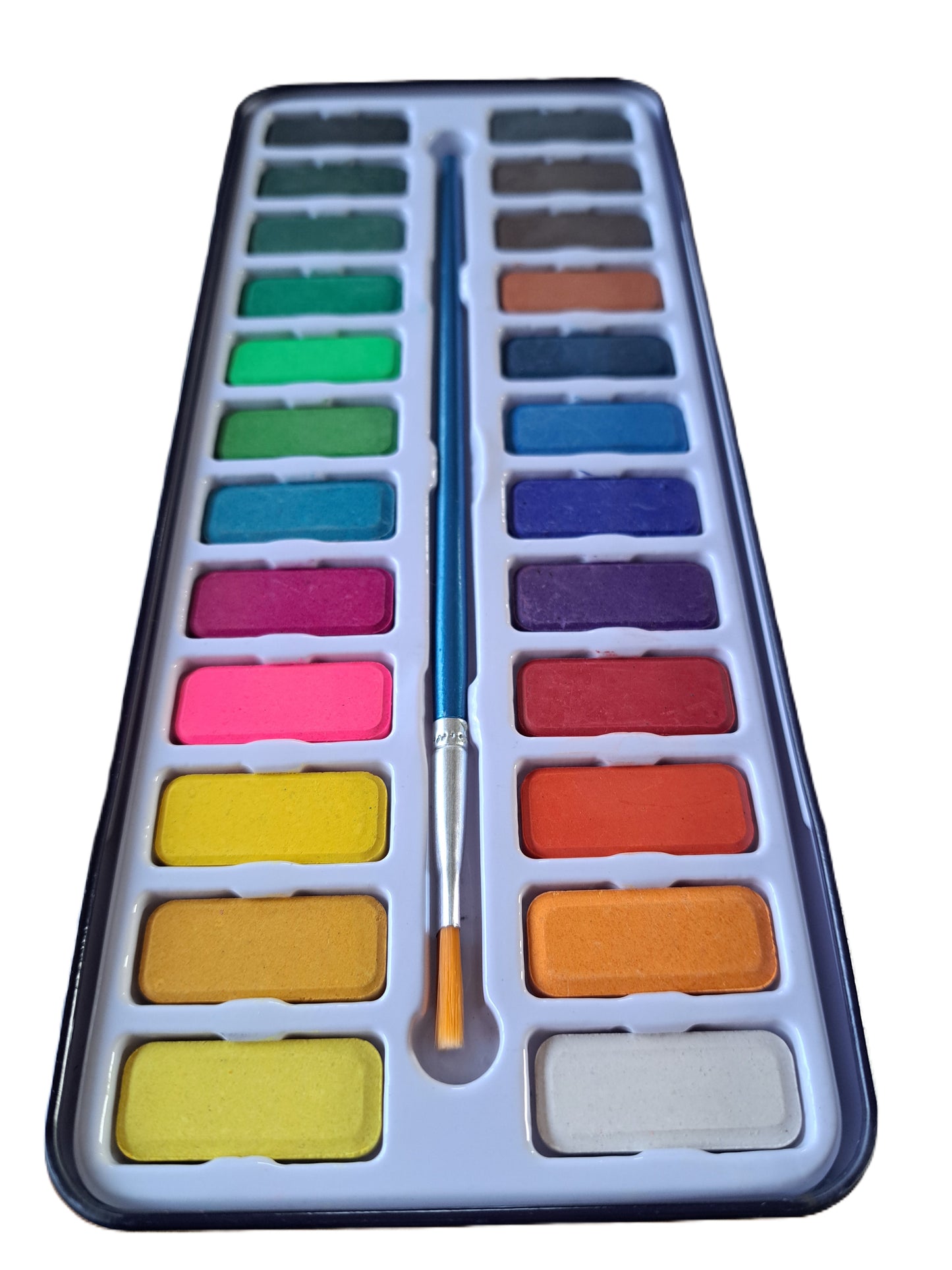 Children's and beginner's watercolour paint set by The Artful Fox. With 24 vibrant colours, in attractive tin with palette lid. Includes paintbrush! The perfect educational gift for the hobby artist in your life