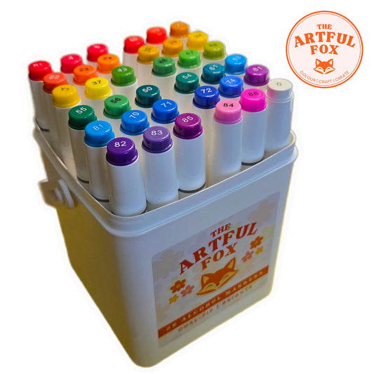 36 alcohol markers set by The Artful Fox in carry case with dual tip brush and fine nib pens in bright colours