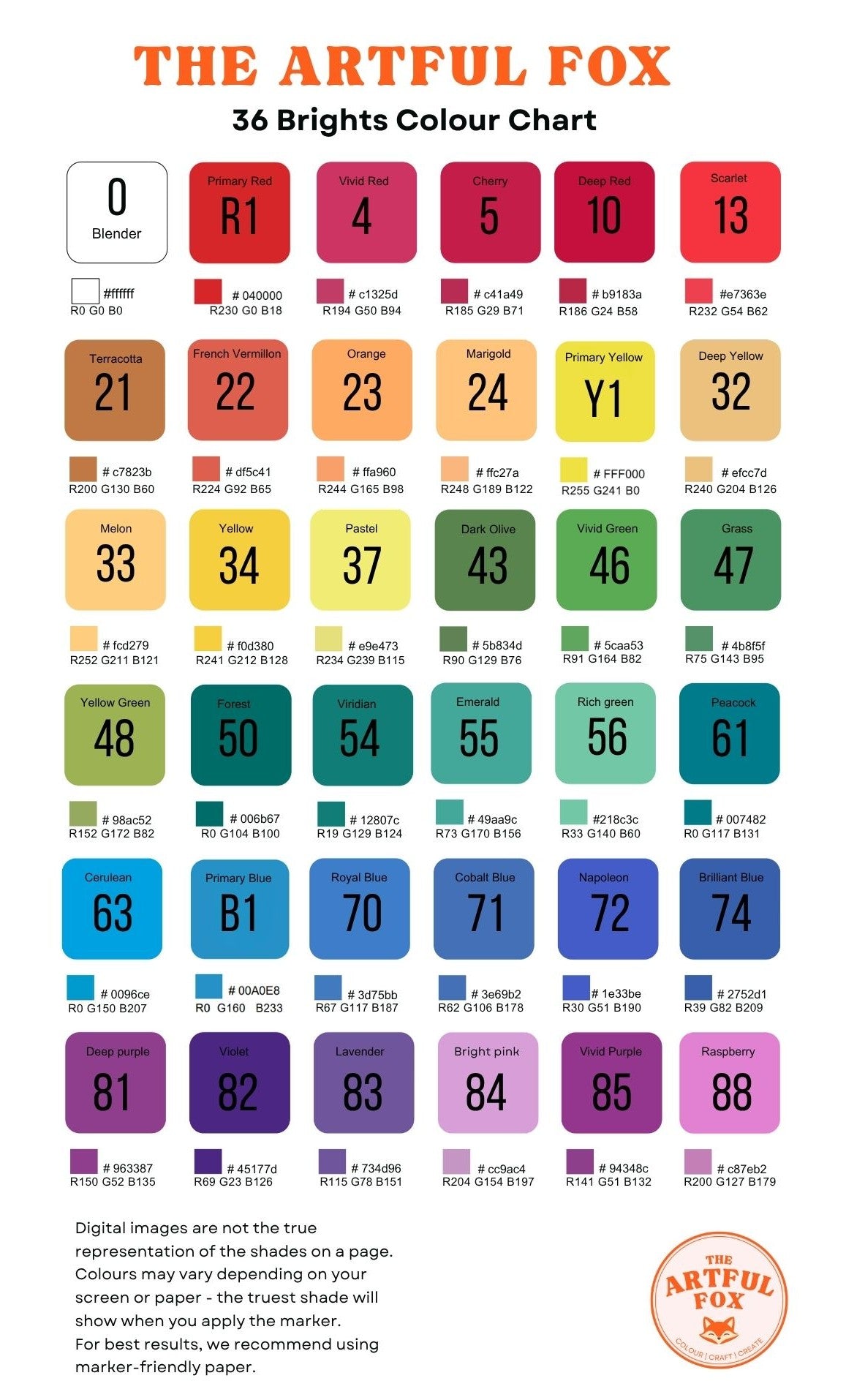 alcohol marker colour chart 36 colours dual tip markers colour guide by the artful fox