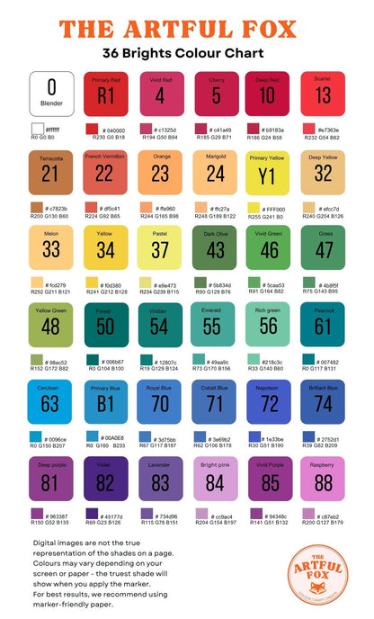 alcohol marker colour chart 36 colours dual tip markers colour guide by the artful fox