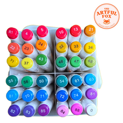 top view dual tip alcohol marker set showing 36 bright colours and numbered caps by The Artful Fox