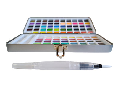 Watercolour paint set with 90 vibrant colours, in attractive travel tin. Includes refillable watercolour paintbrush! Perfect Christmas crafting gift for art lovers and creative kids by The Artful Fox
