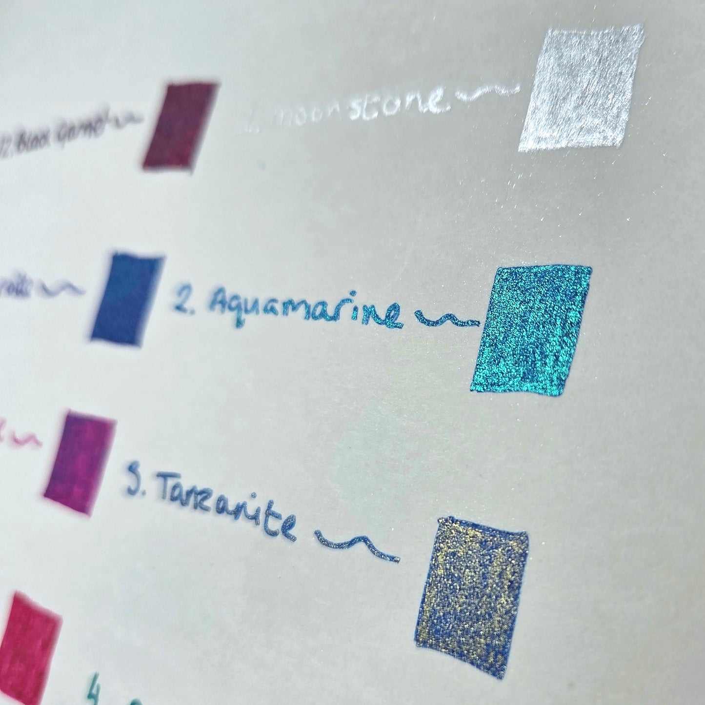 Gemstone Gels colour swatches labelled with names