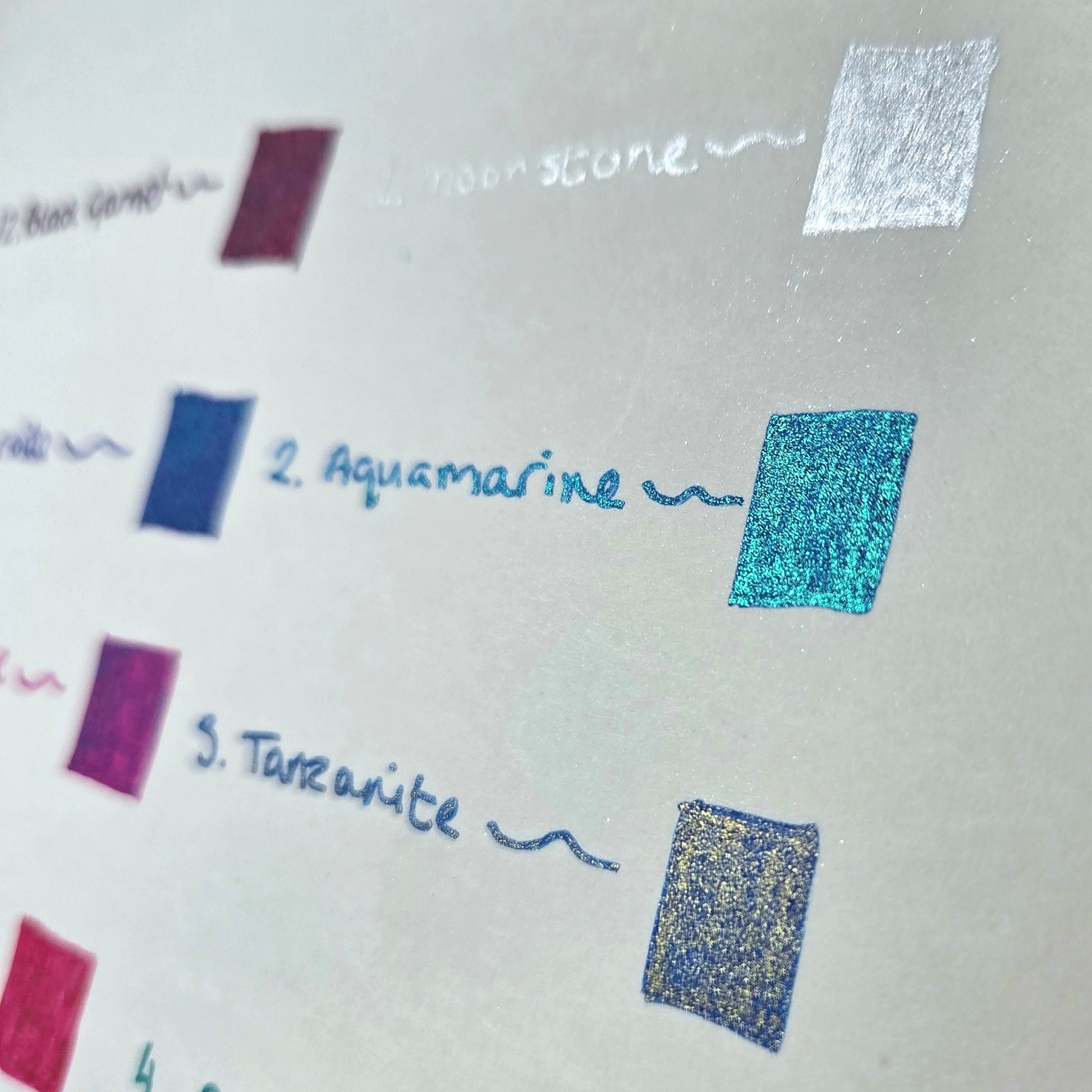 Gemstone Gels colour swatches labelled with names