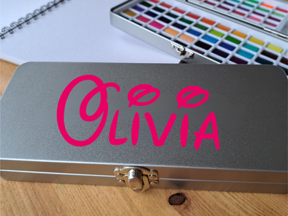 Personalised watercolour paint set with 90 vibrant colours, in attractive tin. Includes refillable watercolour paintbrush! Perfect crafting gift for art lovers and creative kids by The Artful Fox