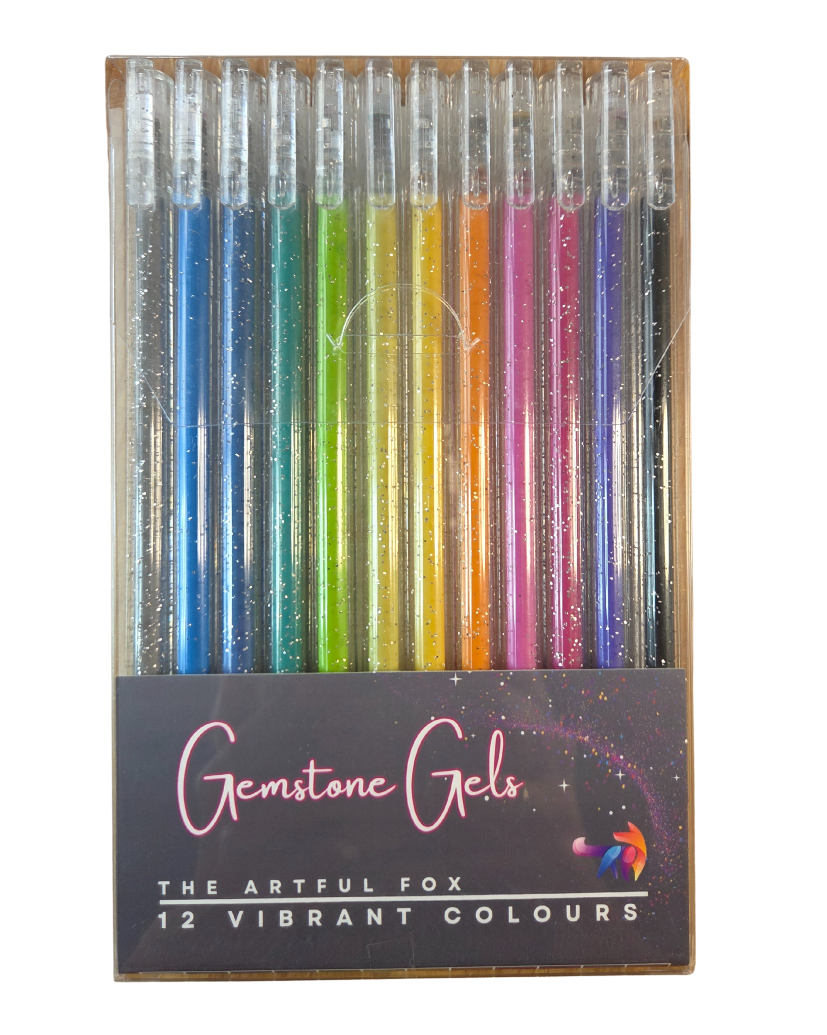 Pack of Gemstone Gels glitter pens with 'The Artful Fox' branding.