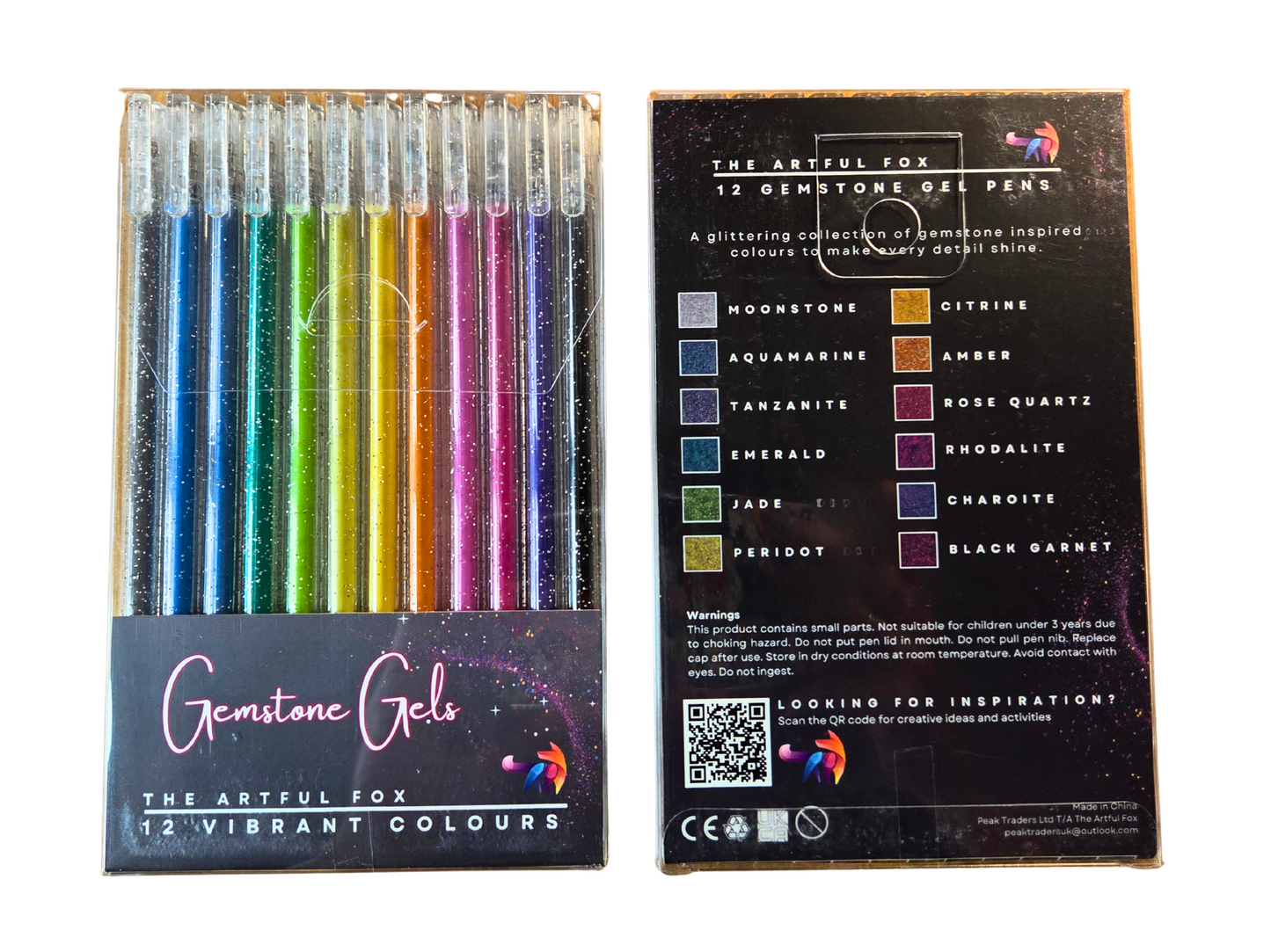 Packaging of Gemstone Gels with colourful glitter gel pens and brand details.