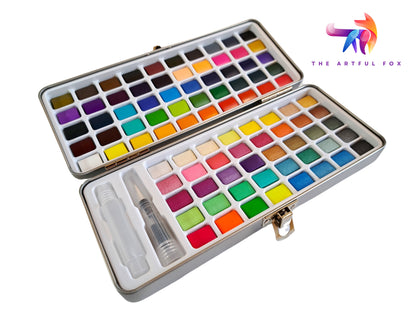 Personalised watercolour paint set with 90 vibrant colours, in attractive tin. Includes refillable watercolour paintbrush! Perfect crafting gift for art lovers and creative kids by The Artful Fox