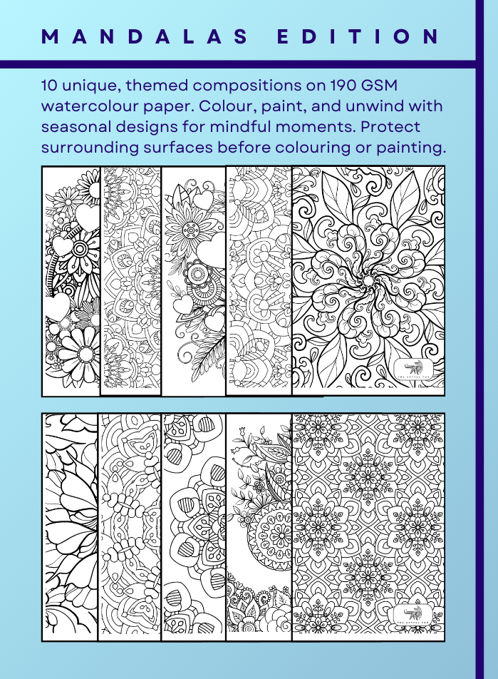 Mandala Mindful Masterpieces – 10 Watercolour Sheets for Calm & Creativity | Mandala Colouring for Adults & Kids on 190 GSM Paper