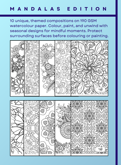 Mandala Mindful Masterpieces – 10 Watercolour Sheets for Calm & Creativity | Mandala Colouring for Adults & Kids on 190 GSM Paper