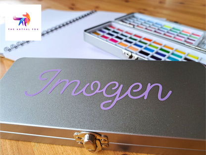 Personalised watercolour paint set with 90 vibrant colours, in attractive tin. Includes refillable watercolour paintbrush! Perfect crafting gift for art lovers and creative kids by The Artful Fox