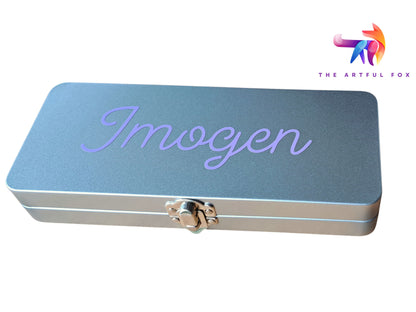 Personalised watercolour paint set with 90 vibrant colours, in attractive tin. Includes refillable watercolour paintbrush! Perfect crafting gift for art lovers and creative kids by The Artful Fox