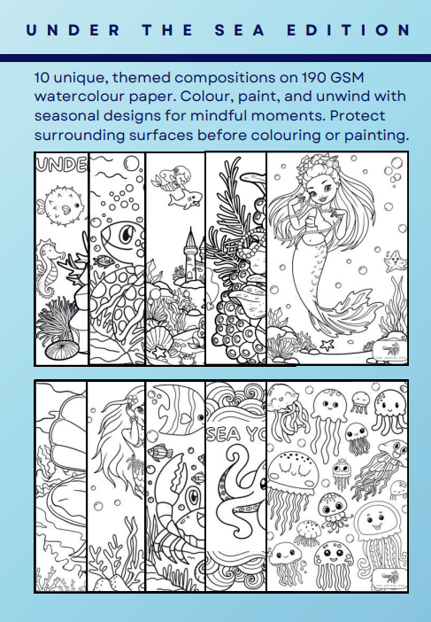 Cute Under the Sea Themed Colouring for Adults & Kids | Paint & Pen-Friendly Mindful Masterpieces – 10 Watercolour Sheets for Calm & Creativity on 190 GSM Paper