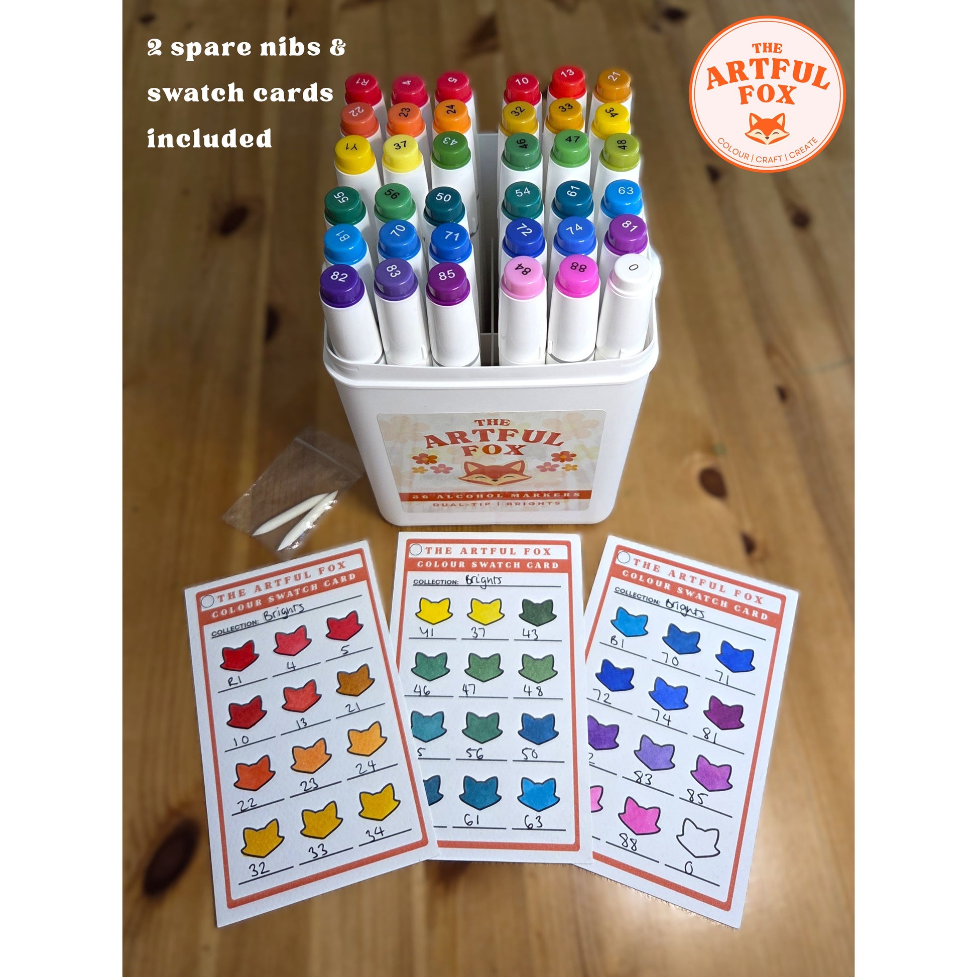 alcohol markers set with spare brush nibs and colour swatch cards included by The Artful Fox