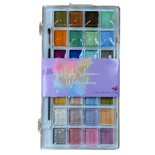 High Shimmer Watercolours by The Artful Fox. 28 pearlescent pastel paints for hobbyists and children, perfect for adding some sparkle to your artwork. Paintbrush included. Storage case with palette lid for mixing your perfect shimmering shade