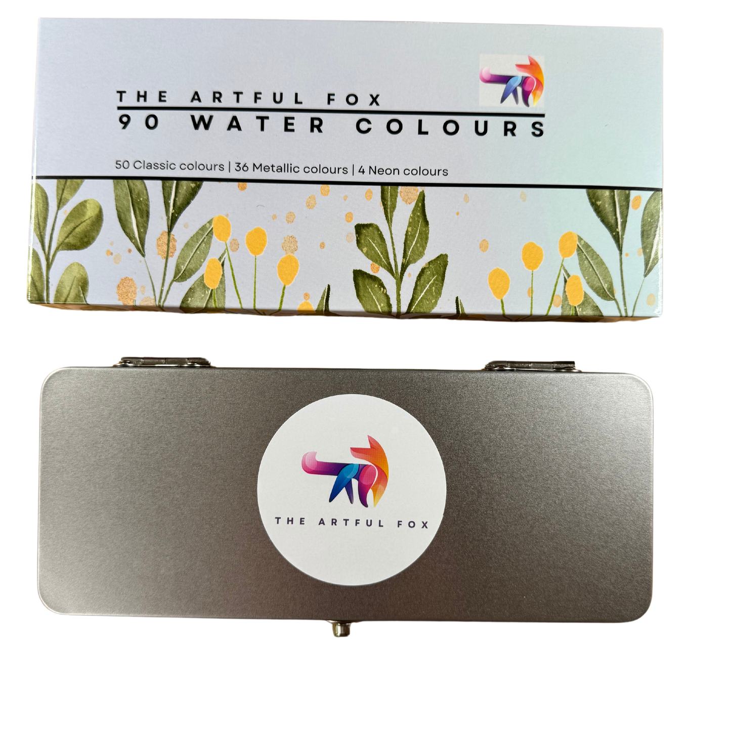 Watercolour paint set with 90 vibrant colours, in attractive travel tin. Includes refillable watercolour paintbrush! Perfect Christmas crafting gift for art lovers and creative kids by The Artful Fox