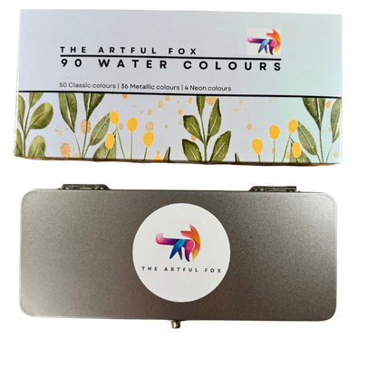 Watercolour paint set with 90 vibrant colours, in attractive travel tin. Includes refillable watercolour paintbrush! Perfect Christmas crafting gift for art lovers and creative kids by The Artful Fox