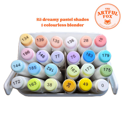 pastel alcohol marker set from above with colour coded caps