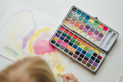 Personalised watercolour paint set with 90 vibrant colours, in attractive tin. Includes refillable watercolour paintbrush! Perfect crafting gift for art lovers and creative kids by The Artful Fox